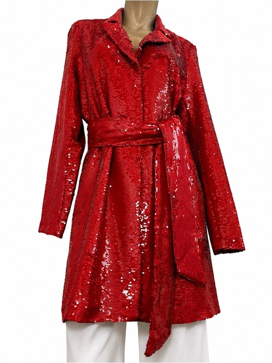VENUS Jackets & Blazers - VENUS Red Sequin Belted Duster Midi length Jacket Size 14 , snap button front